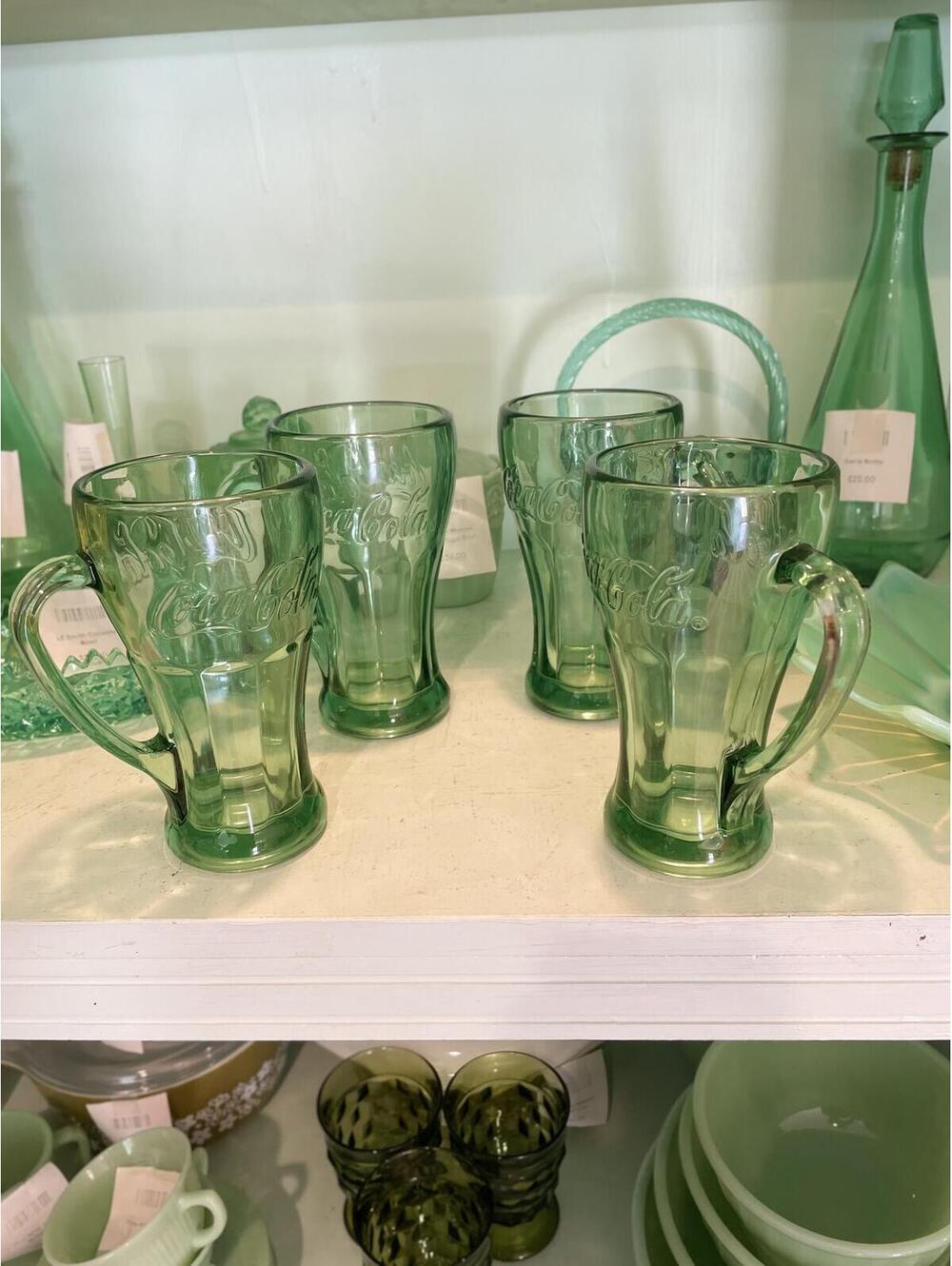 Vintage Coca-Cola Green Glass Mugs Set of 4 Heavy Embossed Coke